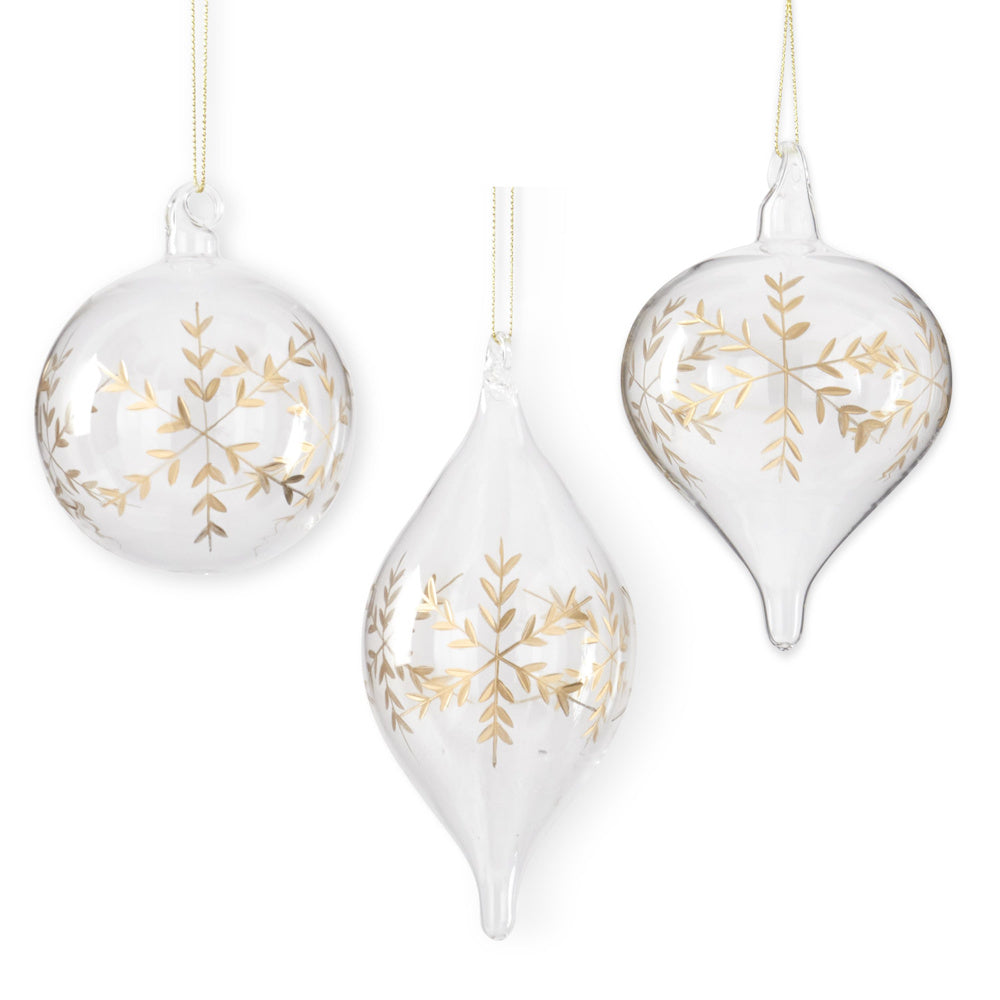 Clear Glass Gold Etched Snowflake Ornaments