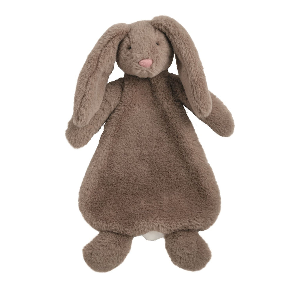Brown plush bunny lovie security blanket with long floppy ears and a pink nose on a white background.