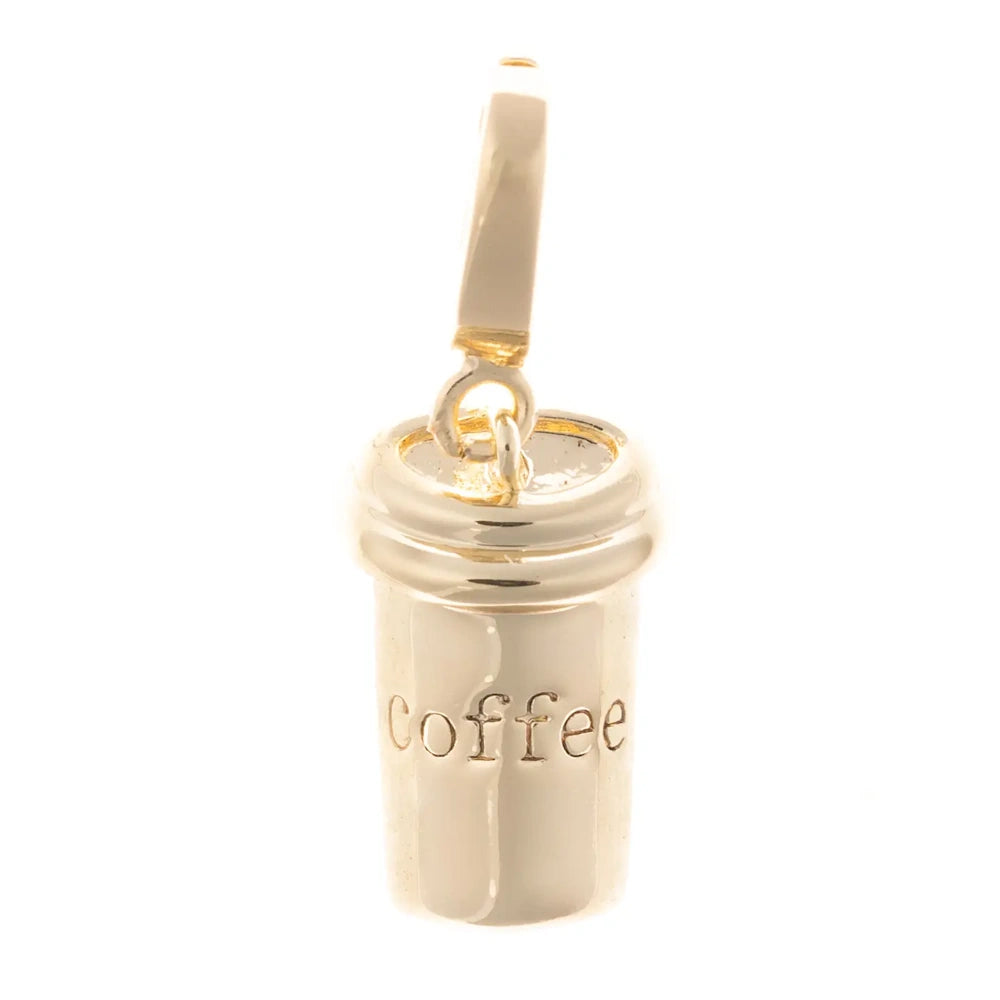Gold coffee cup pendant charm with "coffee" engraved on the front on a white background.