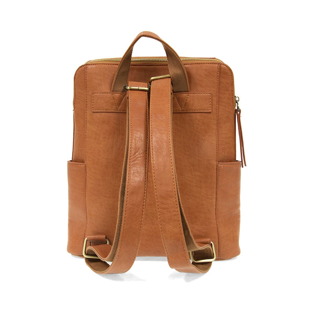 Back view of a cognac leather double-zipper backpack with adjustable shoulder straps and a top carry handle.