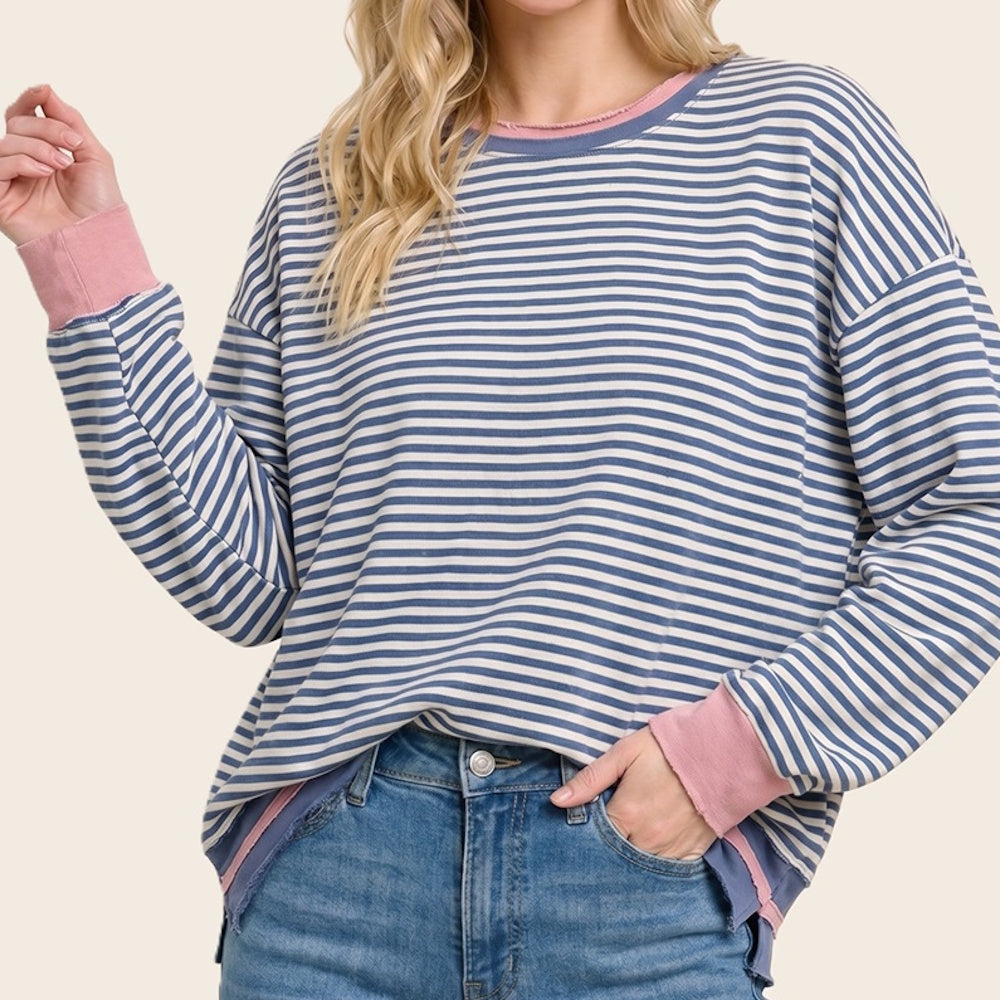 Front view of a blue and white striped cotton sweatshirt with pink contrast cuffs and hem.