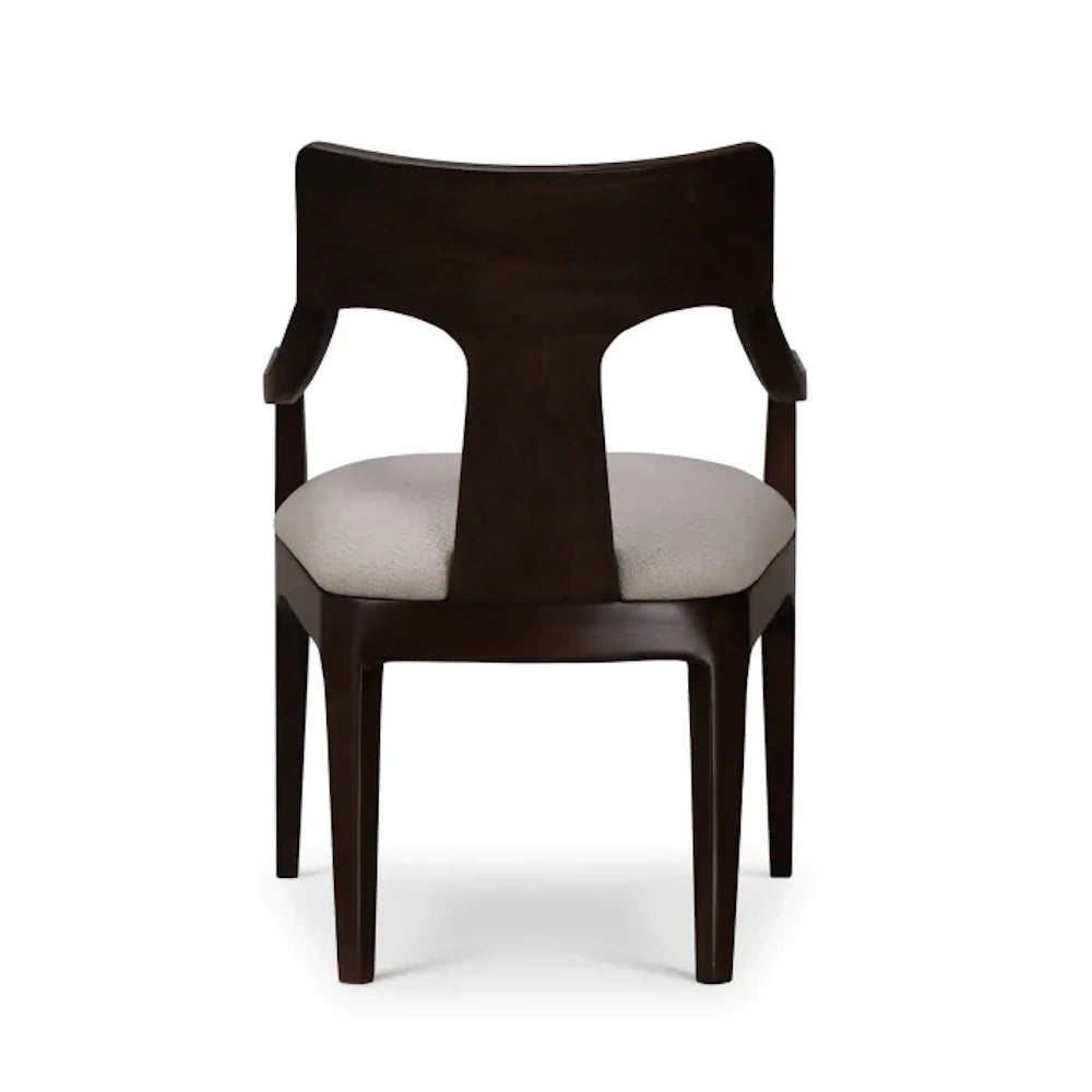 Back view of Colorado dark wood dining armchair with a curved T-shaped backrest and beige upholstered seat.