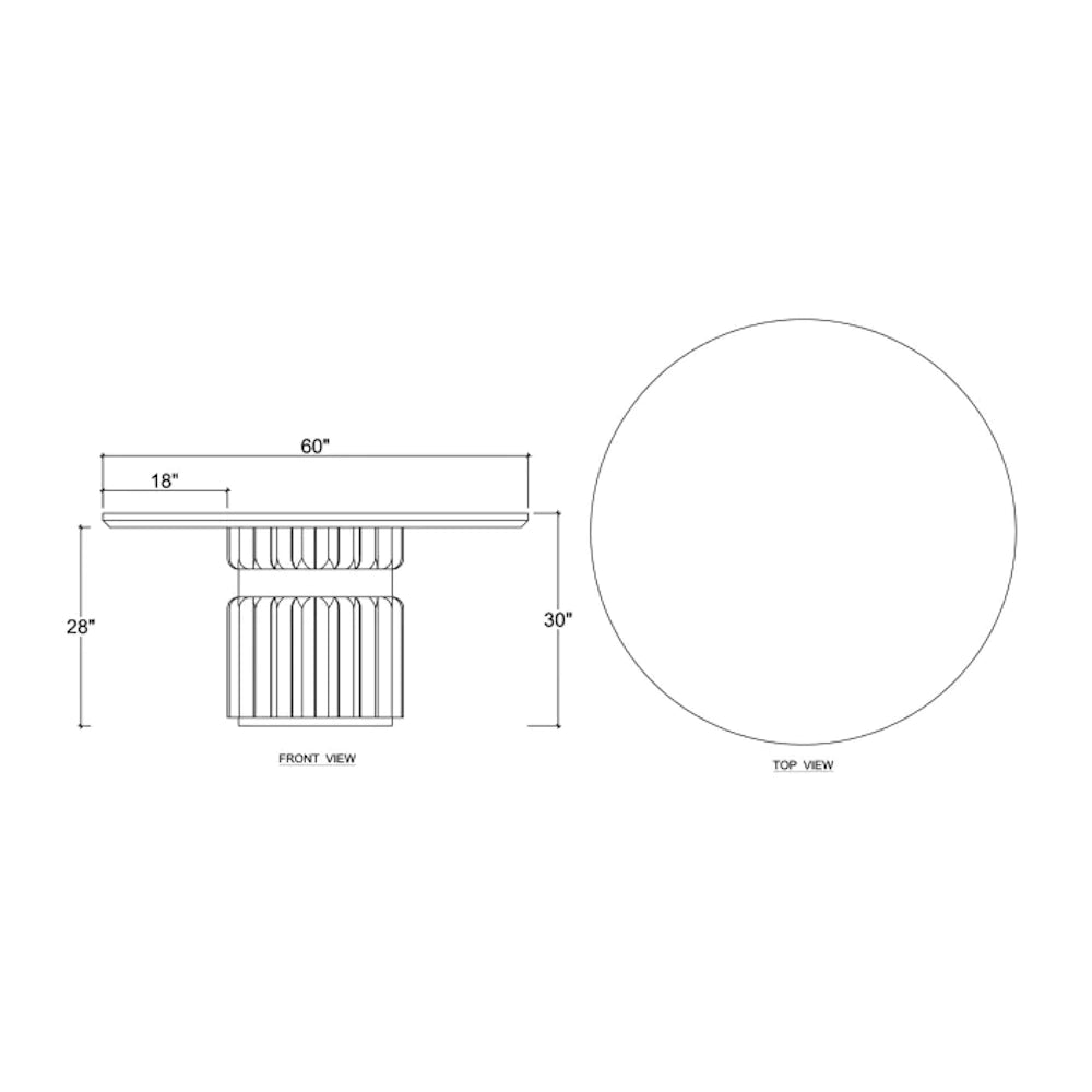 Colorado round dining table dimensions showing 60 inch top view and 30 inch height front view schematic.