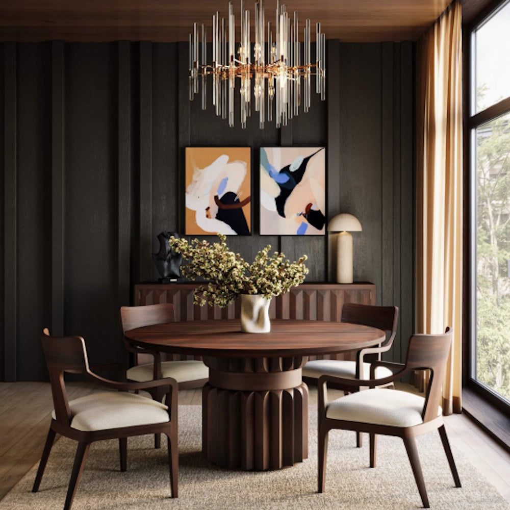 Colorado round wooden dining table and chairs in a modern luxury dining room.