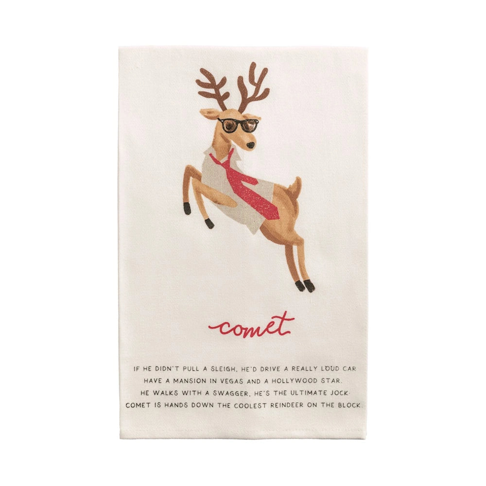 White hand towel featuring a reindeer wearing sunglasses and a tie, with a poem about Comet below.