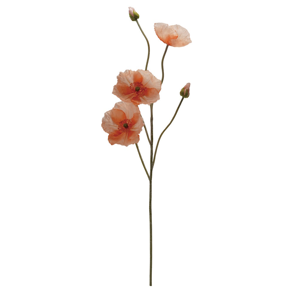 Faux coral poppy spray with three open peach-colored blooms and two small buds on a solid white background.
