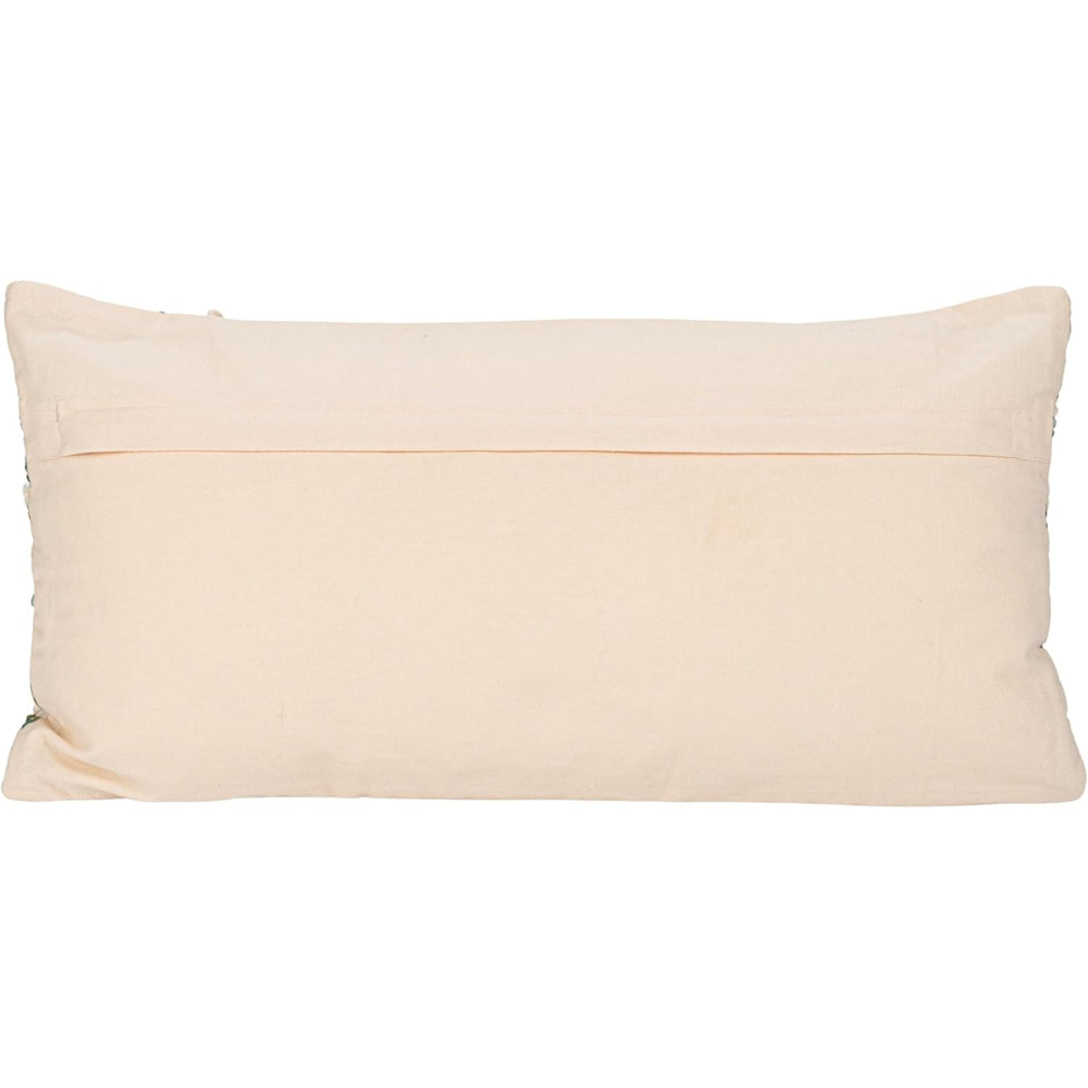Back of a cream-colored rectangular lumbar throw pillow with a hidden zipper closure and cotton canvas fabric.