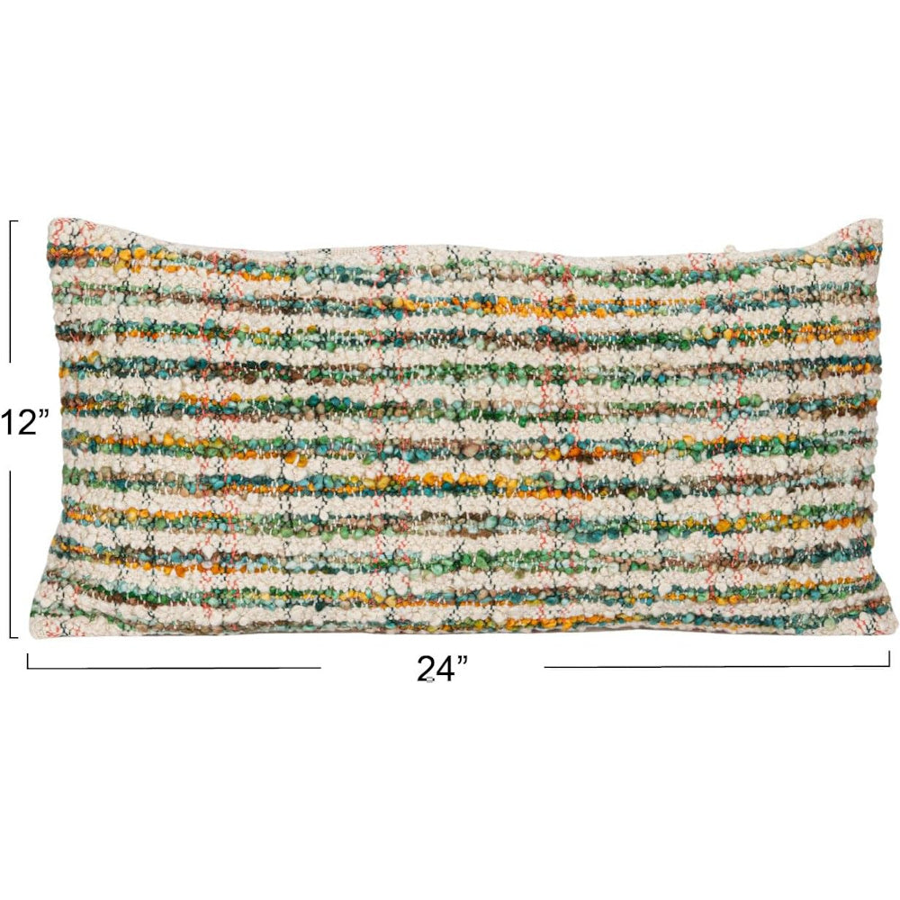 Textured 12x24 inch lumbar pillow featuring colorful woven stripes in green, blue, and orange for modern home decor.