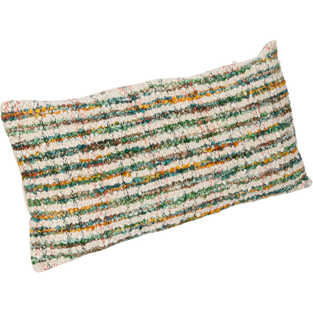 Textured lumbar pillow with colorful green, yellow, and blue striped woven bead patterns on a white background.