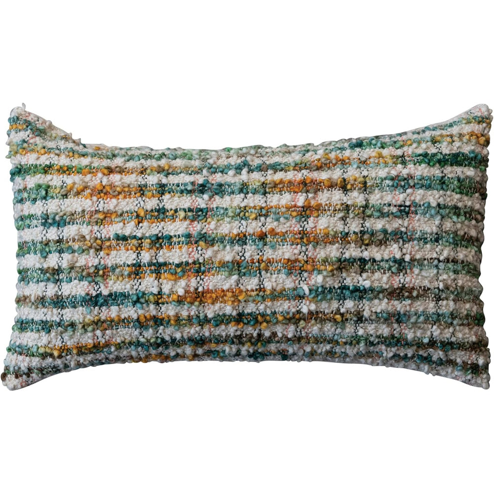 Textured lumbar pillow with colorful woven stripes in green, blue, and orange, perfect for modern home decor.