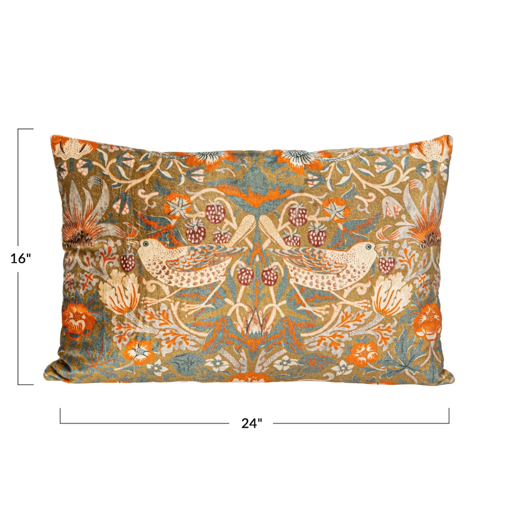 William Morris Strawberry Thief lumbar pillow, 16x24 inches, featuring bird and floral pattern in gold and orange.