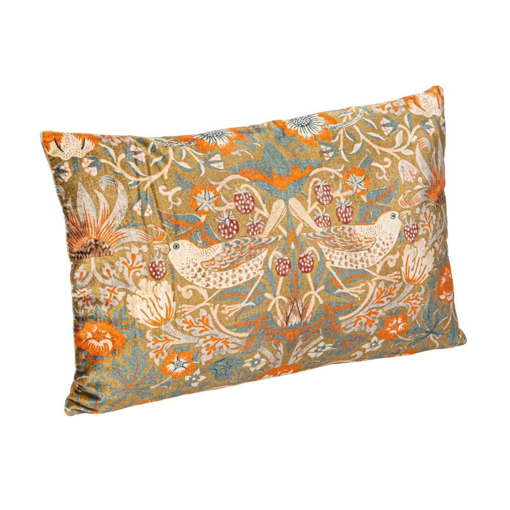 William Morris Strawberry Thief lumbar pillow in gold and blue floral pattern featuring birds and strawberries.