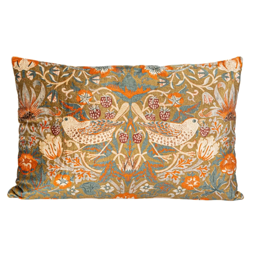 William Morris Strawberry Thief lumbar pillow with bird and floral pattern in gold and orange.