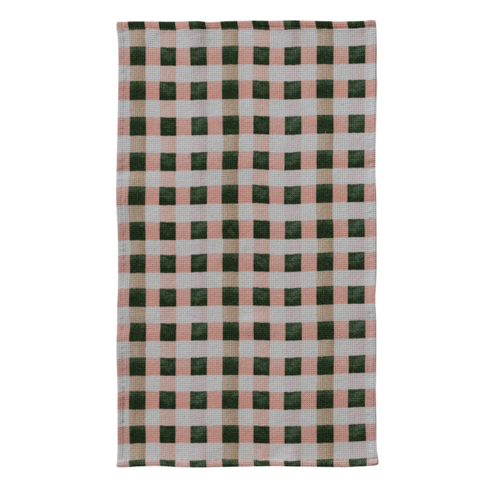 Green and pink plaid waffle weave tea towel. High-quality cotton blend kitchen linen for home decor and drying dishes.