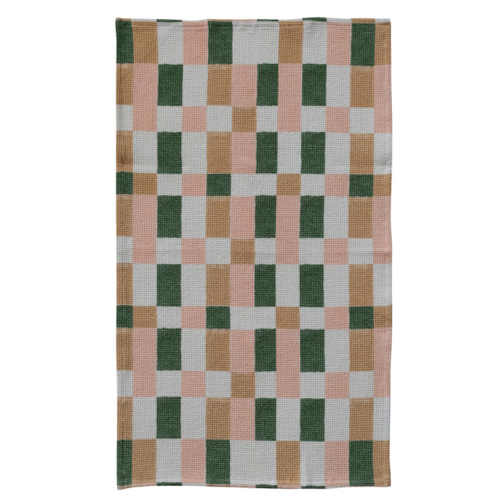 Cotton blend waffle weave tea towel with green, pink, and tan plaid pattern, ideal for kitchen decor and accessibility.