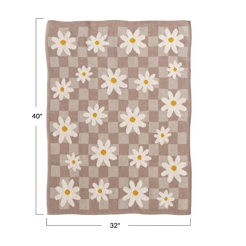 Mauve and white checkered knit baby blanket with white and yellow daisies. Dimensions shown as 40 inches by 32 inches.