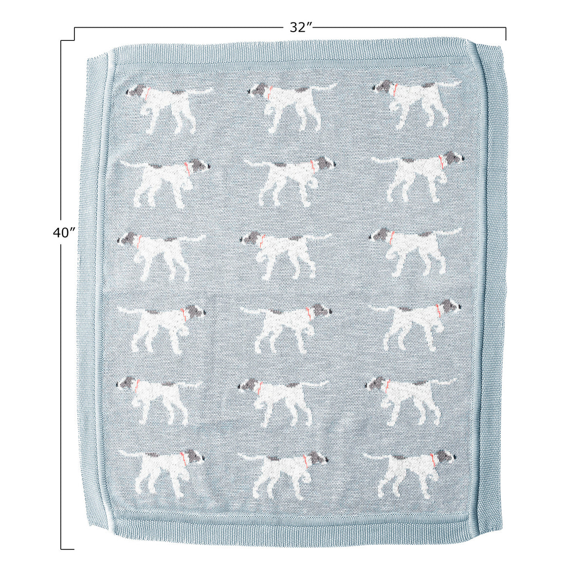 Light blue cotton knit baby blanket featuring a dog pattern with dimensions showing 32 inches by 40 inches.