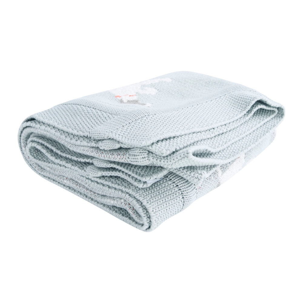 Folded light gray cotton knit baby blanket featuring a woven dog design on a clean white background.