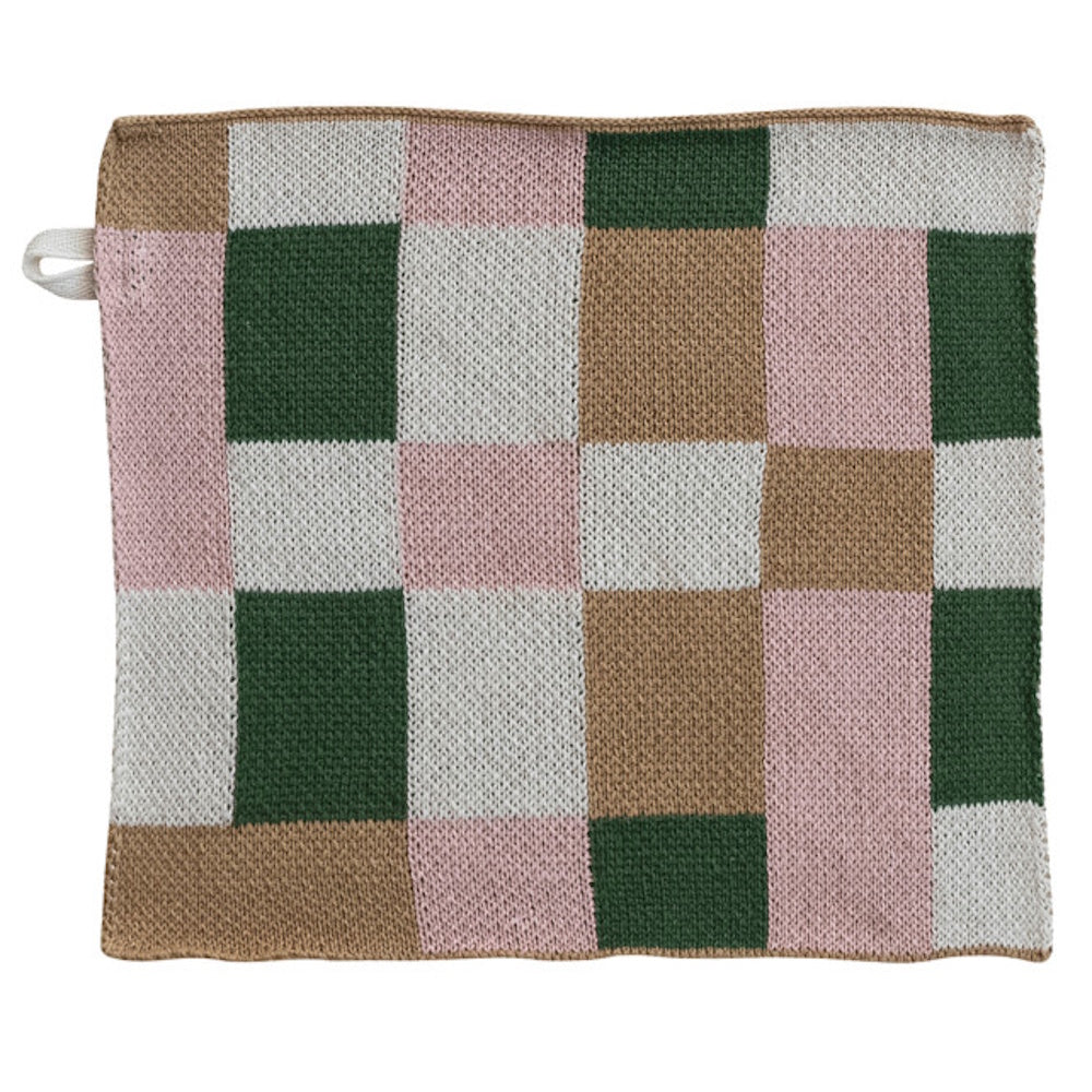 Checkered cotton knit dishcloth in pink, green, tan, and white with a hanging loop for kitchen decor and cleaning.