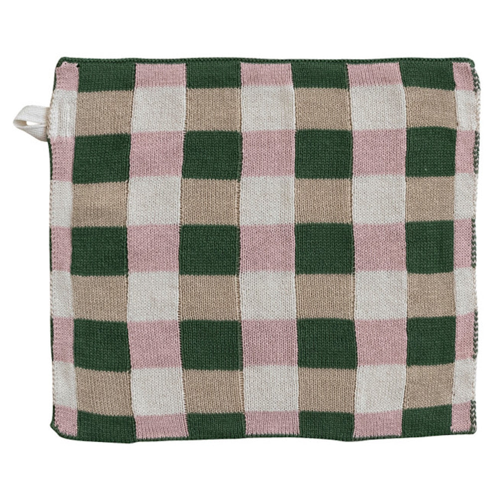 Green, pink, and tan checkered cotton knit dish cloth with a hanging loop, showcasing a modern grid pattern.