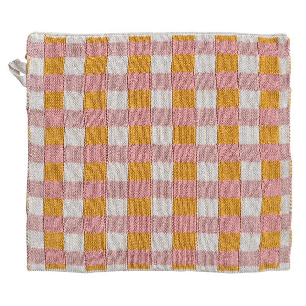 Pink and yellow checkered cotton knit dish cloth with a hanging loop on a white background for kitchen decor.