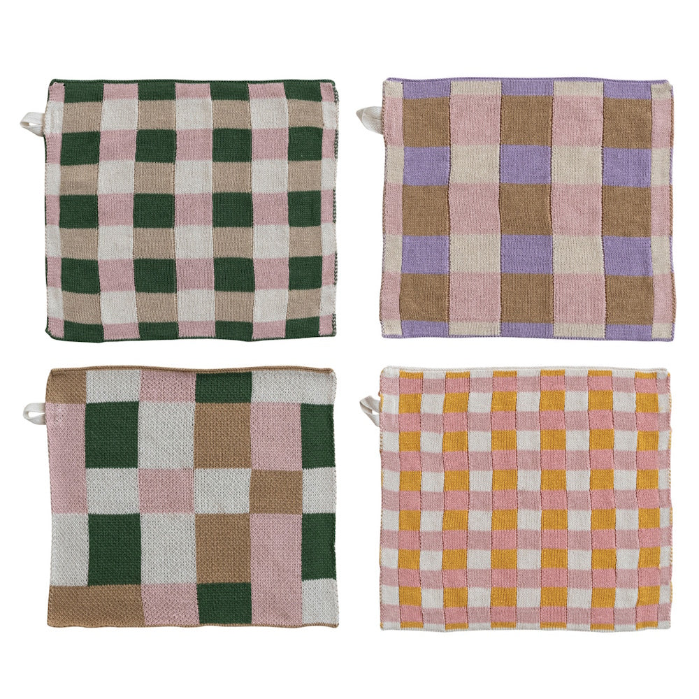Set of four cotton knit dishcloths in colorful checkered patterns including green, purple, pink, and mustard yellow.