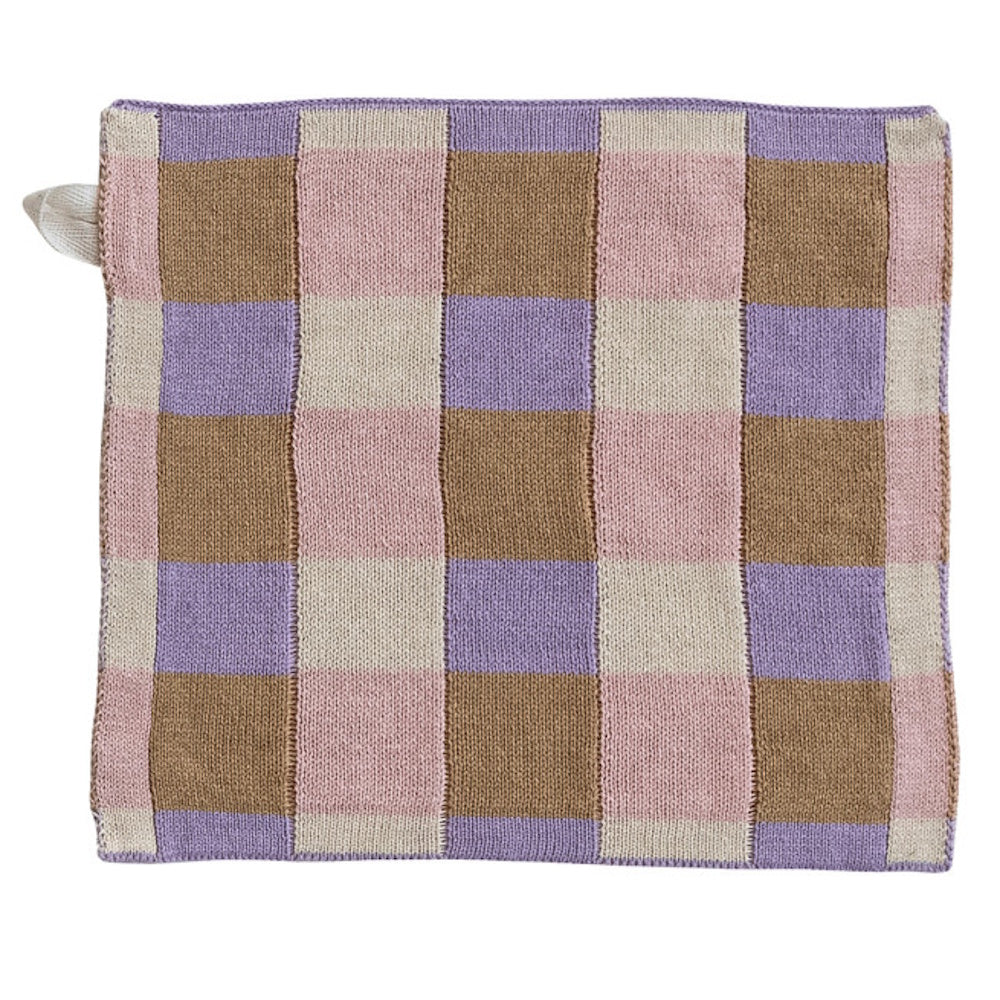 Cotton knit dishcloth featuring a multicolor checkered pattern in lavender, pink, tan, and cream with a hanging loop.