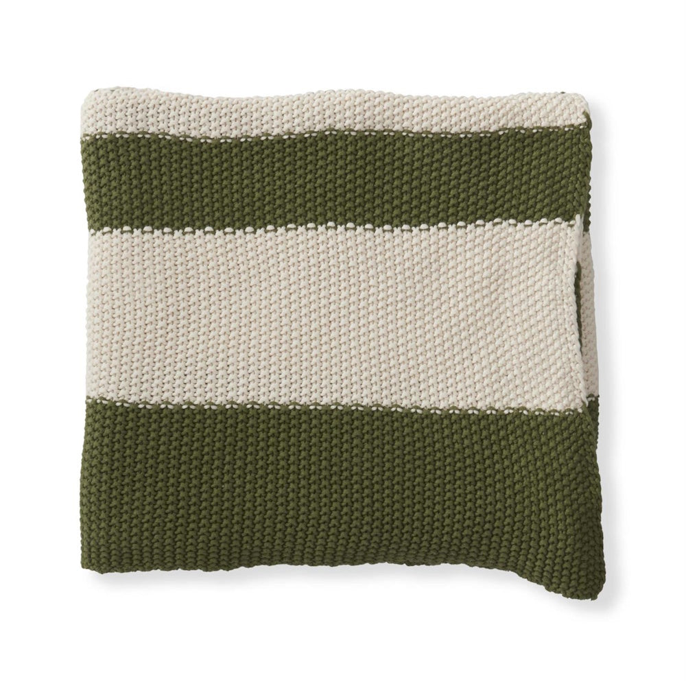 Green and white striped chunky knit decorative throw pillow cover with a textured garter stitch pattern.