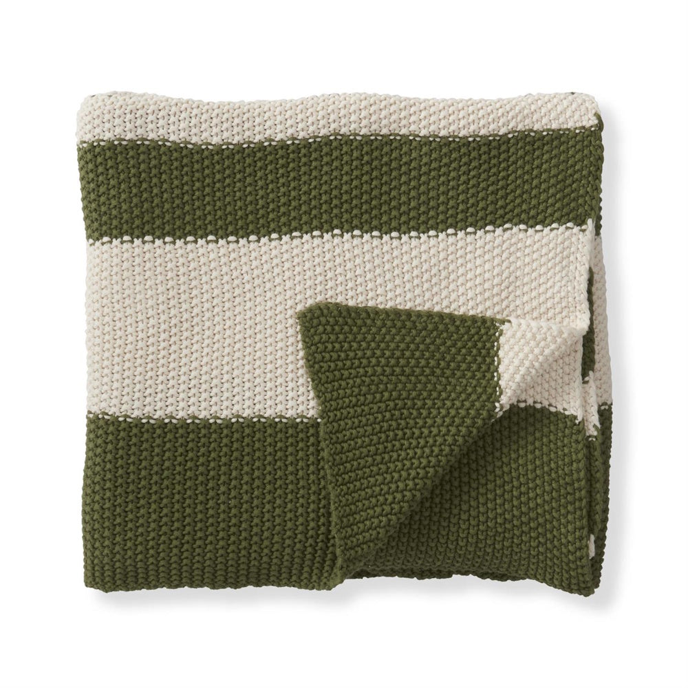 Folded chunky knit throw blanket featuring horizontal olive green and cream stripes on a white background.