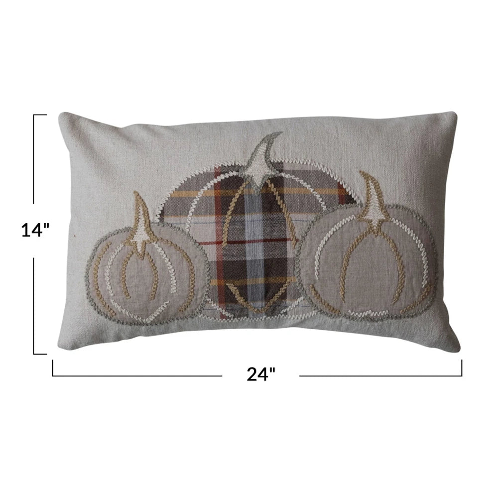 Rectangular lumbar pillow featuring appliqué pumpkins, with dimensions indicated as 14 inches by 24 inches.
