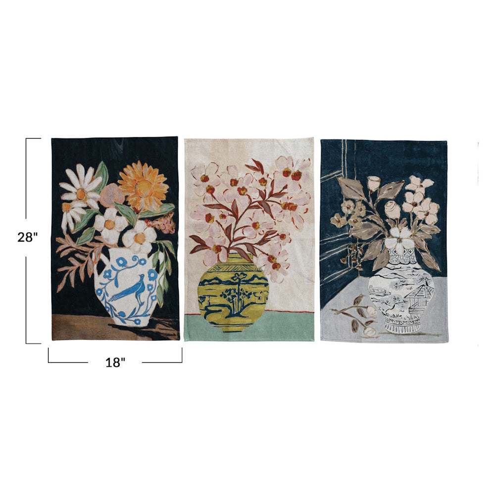 Three patterned tea towels showing floral vase designs. Measurement markings indicate 28 inches by 18 inches.