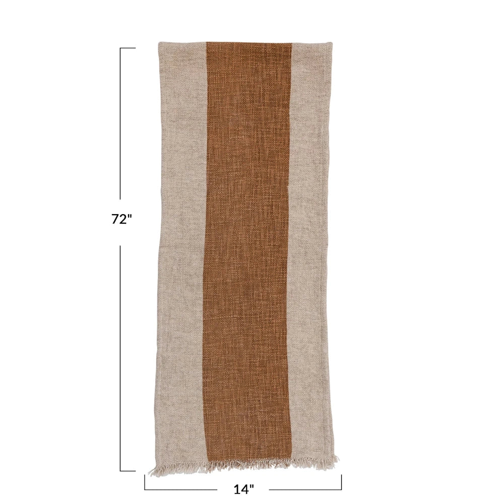 Beige table runner with a thick brown center stripe and fringe. Measures 72" long by 14" wide.