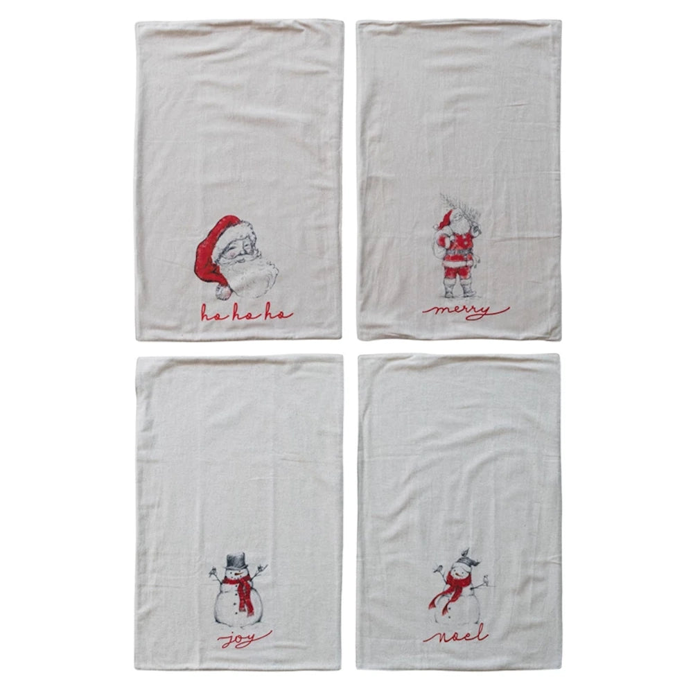 Cotton & Linen Tea Towel with Santa & Snowman