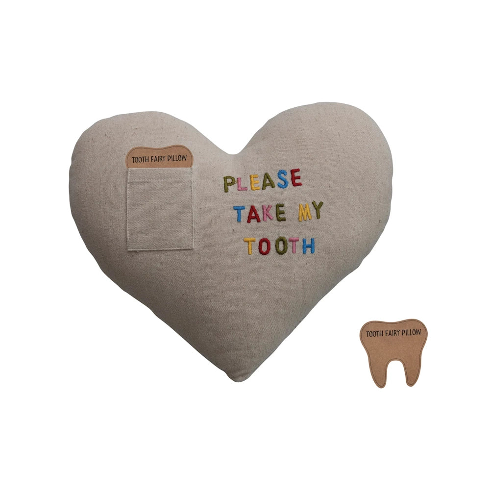 Heart-shaped linen tooth fairy pillow with "Please take my tooth" embroidery and a small pocket for a lost tooth.