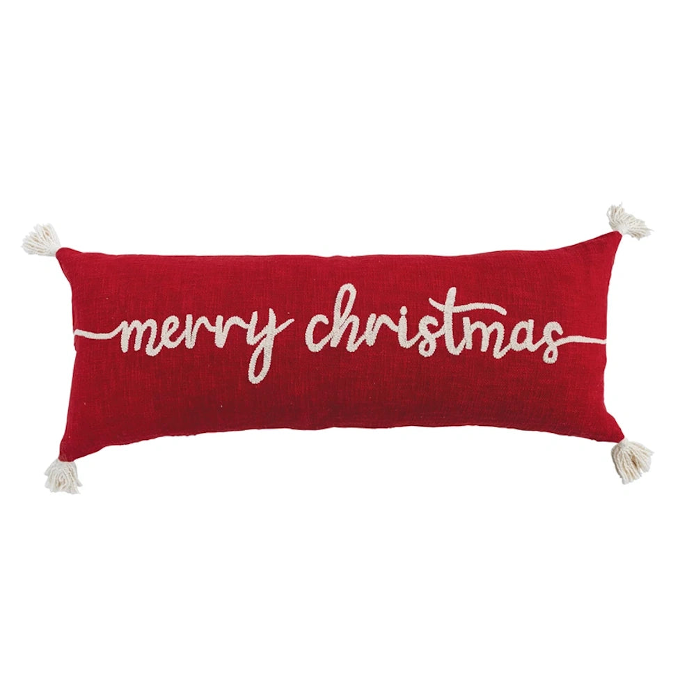 Cotton Lumbar Pillow with Embroidered "Merry Christmas"