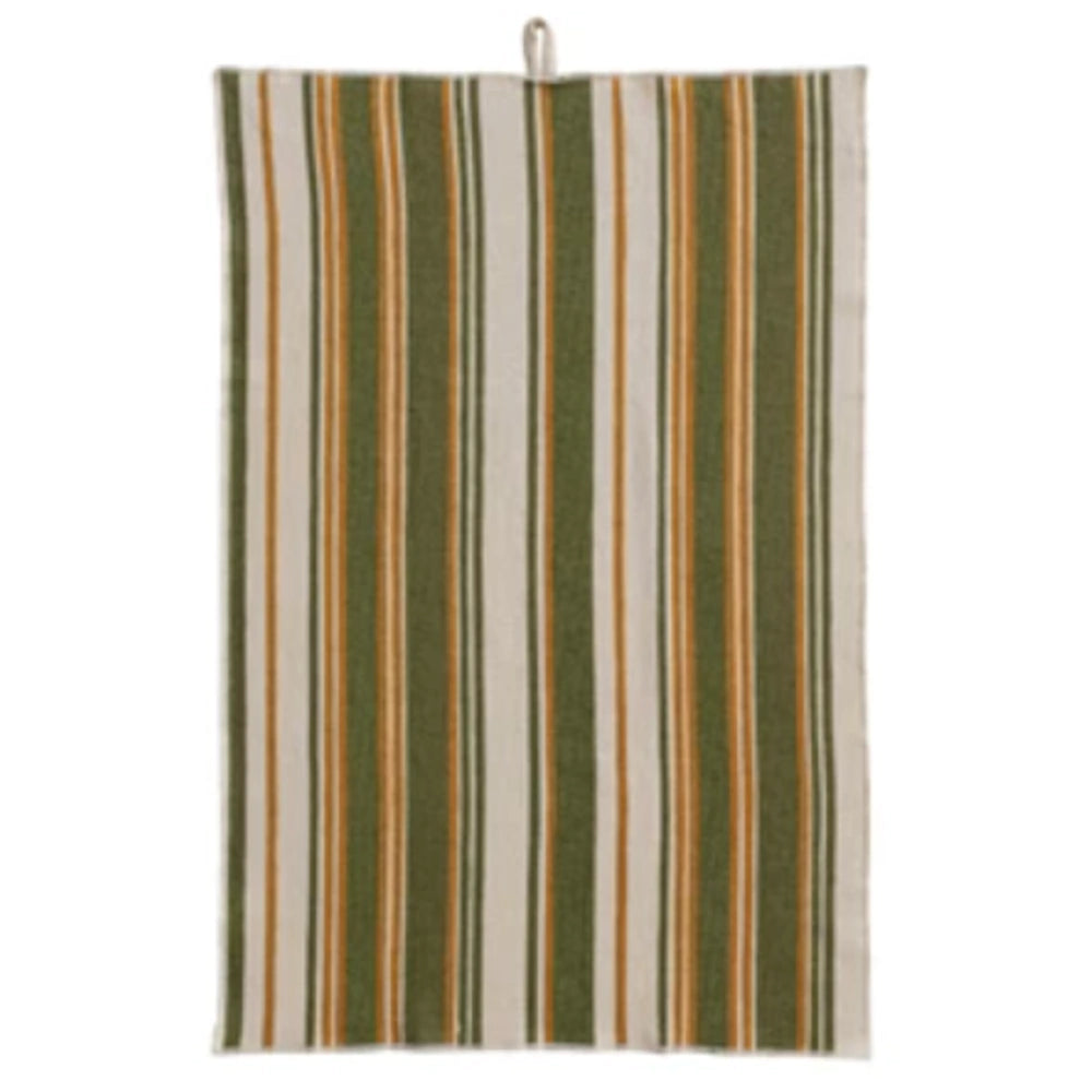 Cotton terry cloth tea towel with vertical green, mustard yellow, and cream stripes and a convenient hanging loop.
