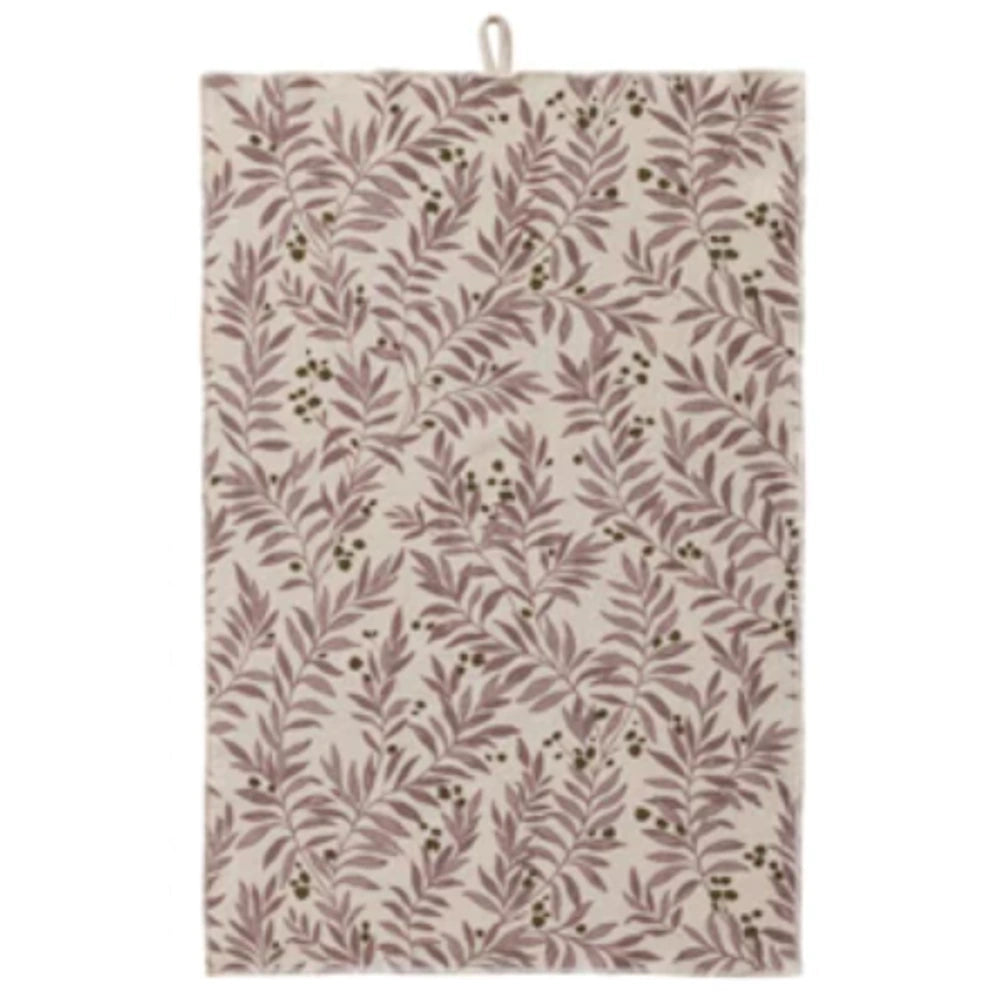 Cream and mauve botanical print cotton terry cloth tea towel with olive branches and a hanging loop.