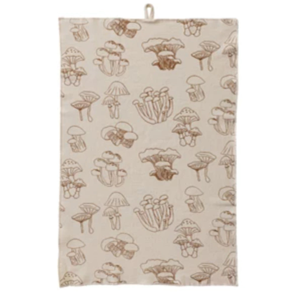 Beige cotton terry cloth tea towel featuring a repeating brown botanical mushroom print and a top hanging loop.