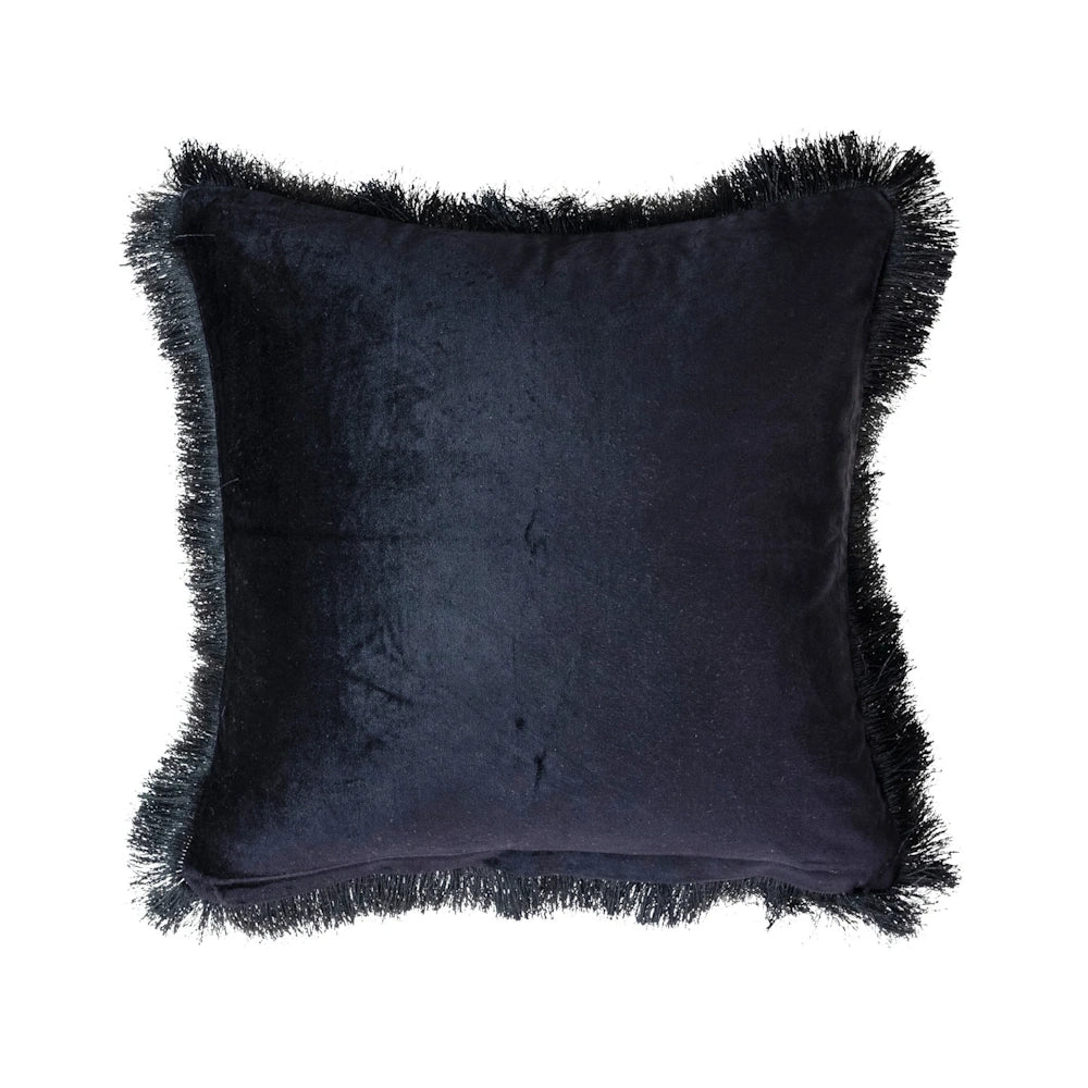 Solid black cotton velvet throw pillow with decorative fringe trim around the edges, shown against a white background.
