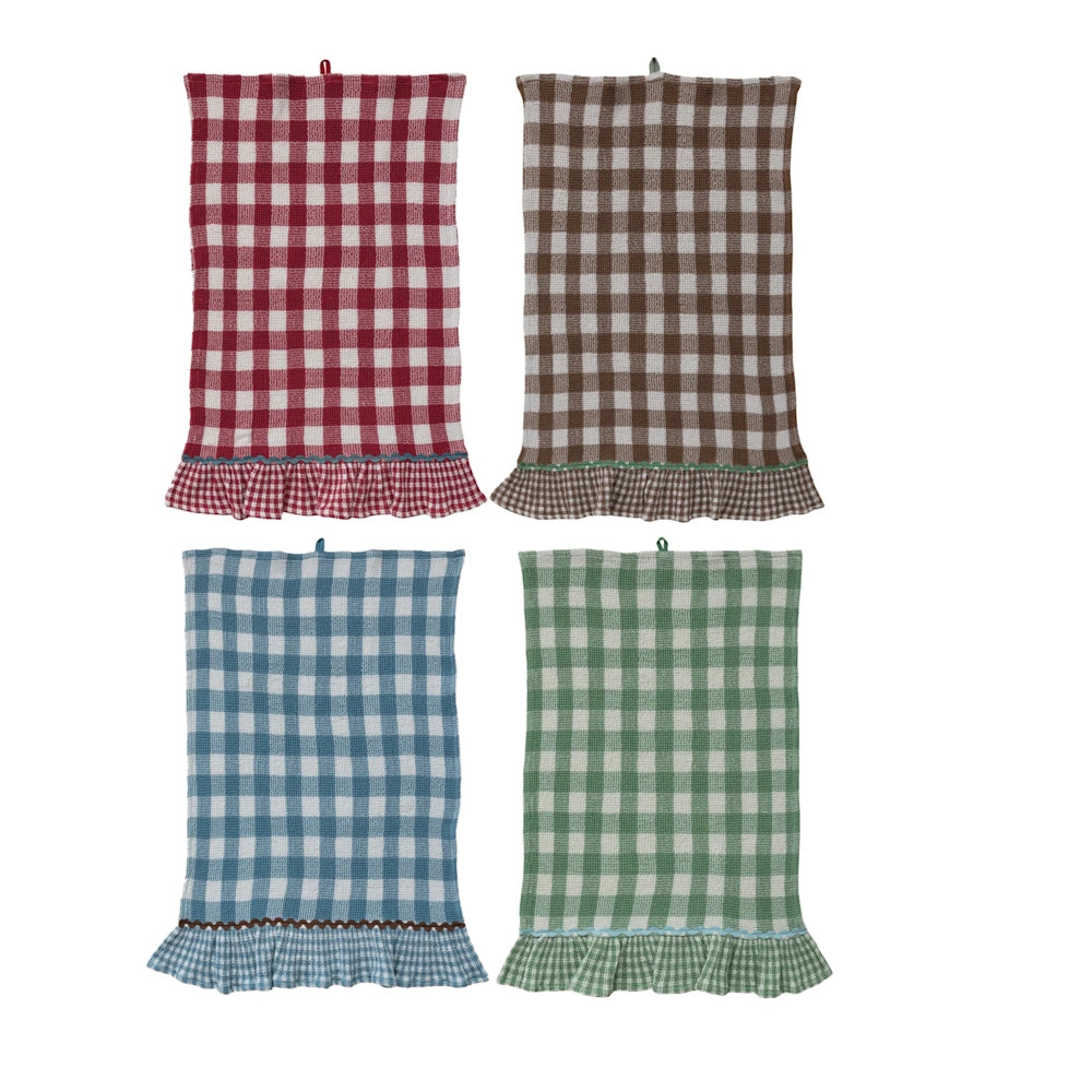 Set of four buffalo check waffle-weave kitchen towels in red, brown, blue, and green with ruffled hems.