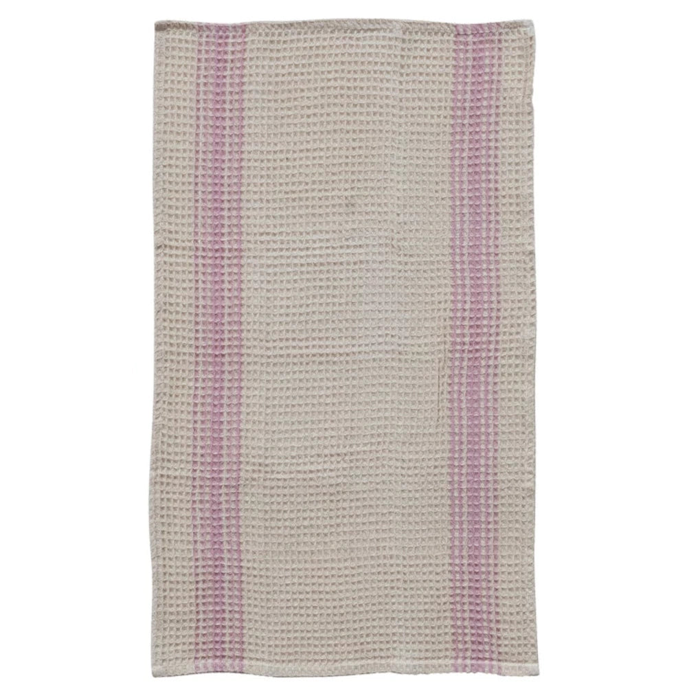 Cream cotton waffle weave tea towel with pink vertical stripes. Absorbent and simple kitchen decor.