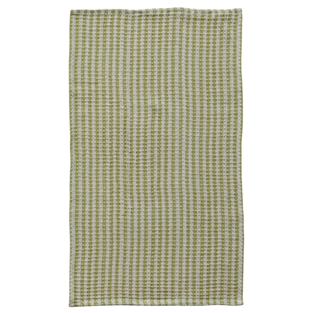 Green and white striped cotton waffle weave tea towel, absorbent kitchen hand towel for drying dishes.