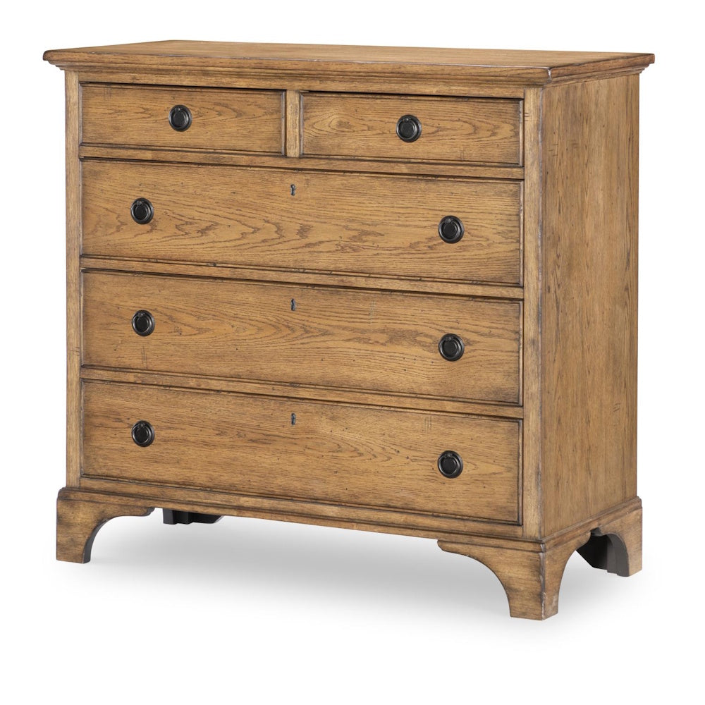 Rustic wood accent chest with five drawers, black round knobs and a warm natural finish.