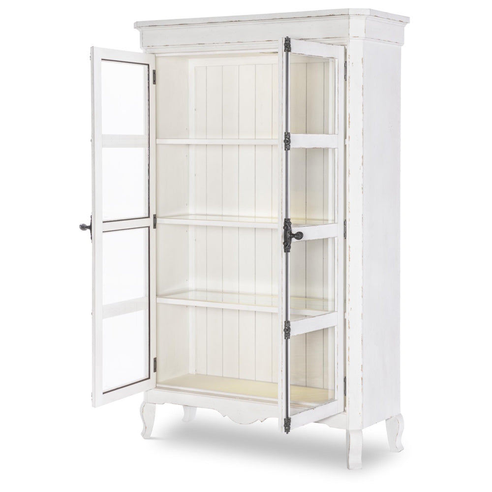 Distressed white vintage display cabinet with glass doors and adjustable shelves.
