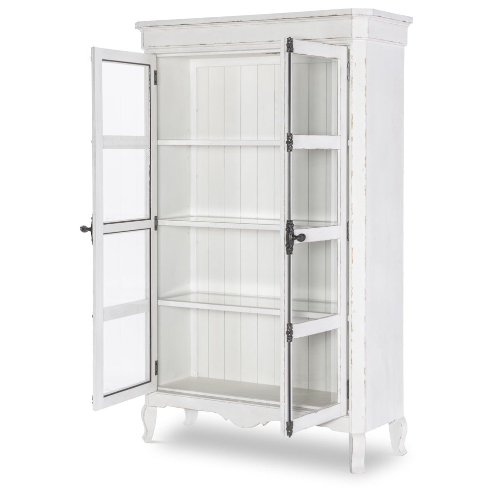 Vintage white distressed wood display cabinet with glass doors and adjustable shelves.