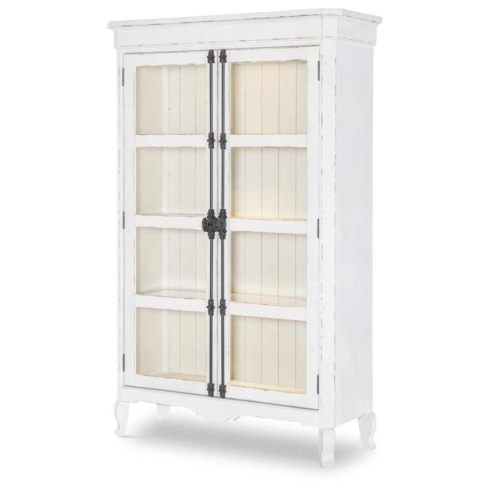 Rustic white distressed wood display cabinet with glass doors and antique iron hardware.