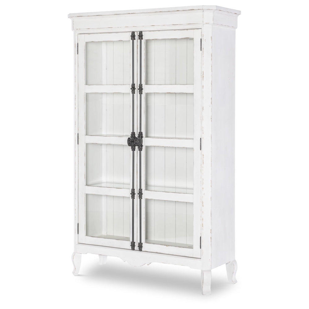 Vintage white distressed wood display cabinet with glass doors and black iron hardware.