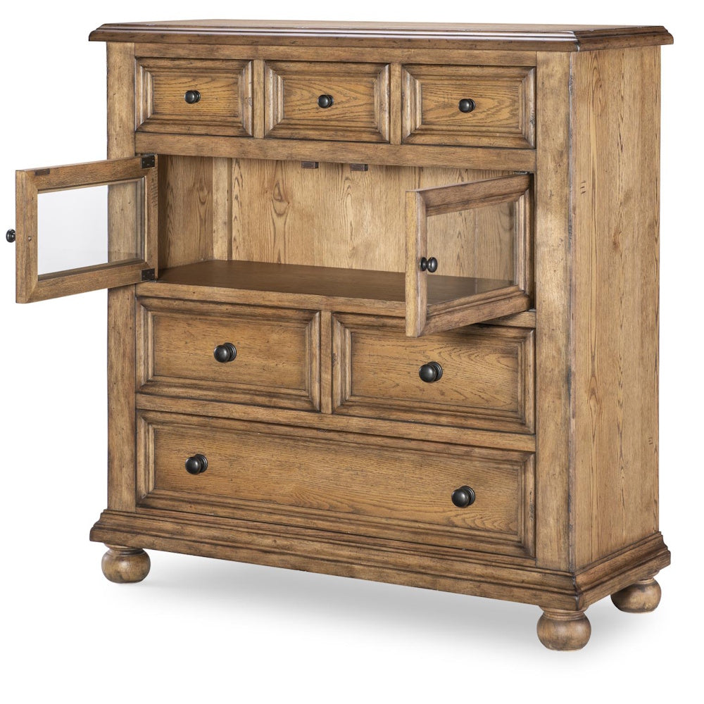Rustic wood chest with open glass cabinet doors, six drawers, and spacious center storage compartment.