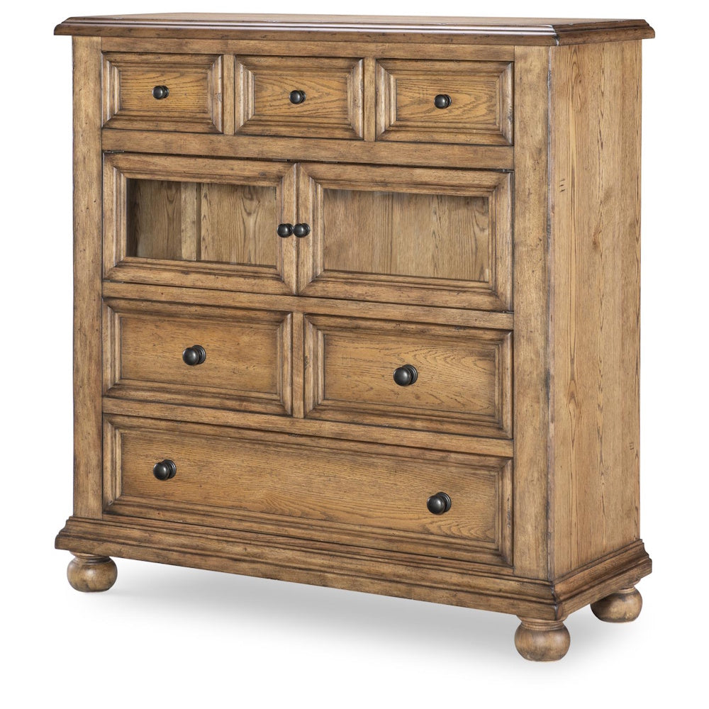 Rustic wood chest with six drawers, central cabinet doors, and rounded bun feet.