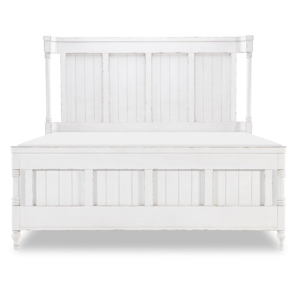 Rustic white wooden bed frame with paneled headboard and footboard on a white background.